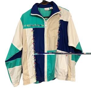 Vintage 90s Teal White Embroidered Floral Light Jacket